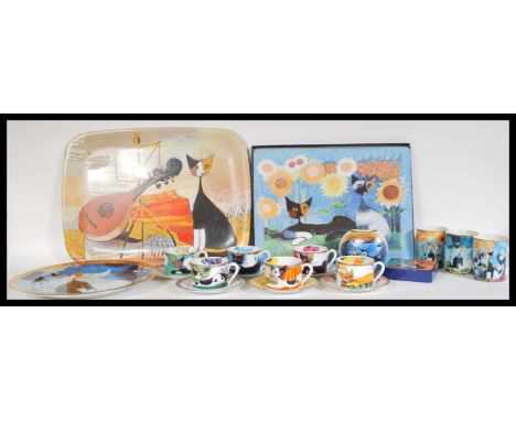 A collection of 20th Century Goebel Cat related ceramics by Rosina Wachtmeister to include a wall charger, cups and saucers, 