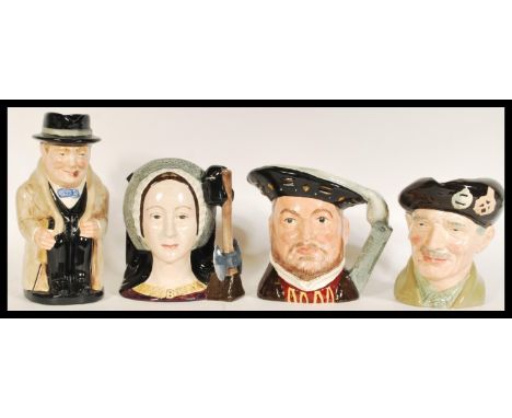 A collection of four Royal Doulton ceramic toby Jugs, modelled as Winston Churchill, Monty D6206, Henry VIII D6642 and Anne B