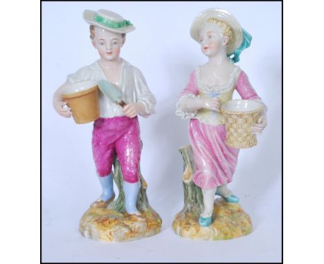 A pair of Royal Worcester figurines by James Hadley. To include gardening boy with plant pot and ta girl with rattan weave ba