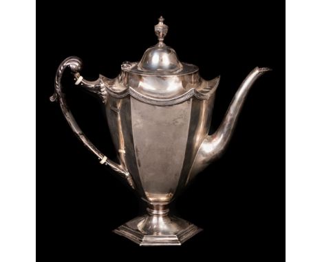 * Coffee Pot. A George V silver coffee pot by Walker &amp; Hall, Sheffield, 1921, of hexagonal tapered form with urn finial a