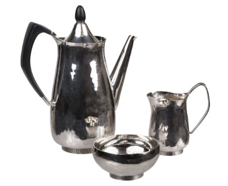 * Silver Coffee Set. A silver coffee set designed by Anthony Hawksley for Payne-Oxford, London 1973, of plain form with a ham