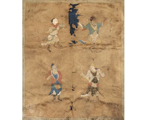 * Chinese Panel. A panel of silk damask embroidered with figures, probably 18th century, stitched with four male figures, inc