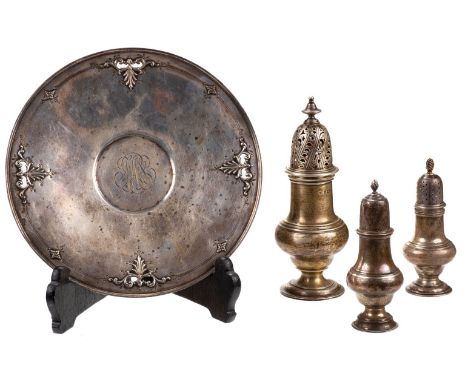 * Mixed Silver. A silver sugar caster by Barker Brothers, Birmingham 1902, of baluster form with foliate pierced domed cover,