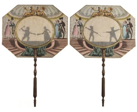 * Movable Silhouette Fans. A pair of etched fans with movable figures, Paris: Alphonse Giroux, circa 1820s, 2 cardboard hands