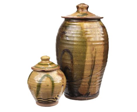 AR  * Bowen (Clive, 1943 -). A tall lidded earthenware storage jar circa 2013, slip decorated with simple brush motif on vari