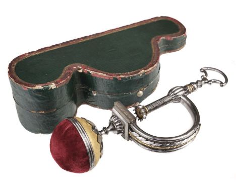 * Sewing Accessory. George III steel pincushion clamp in original box, late 18th century, steel clamp with gilt metal highlig