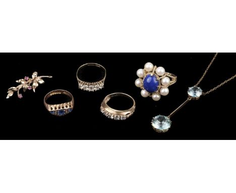 * Rings. A ladies 14ct gold dress ring, set with a blue stone cabochon surrounded by 8 pearls, stamped '14K', size J, gross w