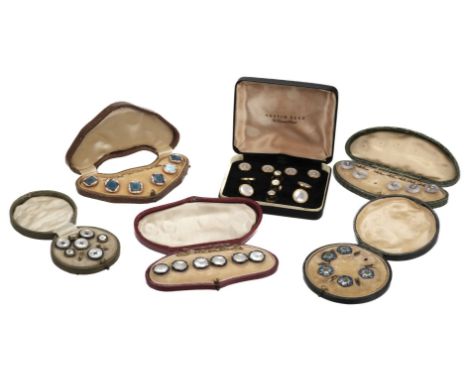 * Button Studs. Various cased button studs, including a set of 6 Edwardian gilt metal studs, each with blue, red and white en