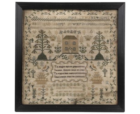 * Sampler. A needlework picture by Ellen Male, 1839, worked in silk threads on cream linen, using cross-stitch in shades of g