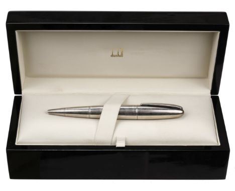 * Luxury Pens. An Alfred Dunhill silver 'Torpedo' ballpoint pen, in the original fitted lacquered case with calf-skin leather