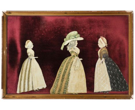 * Cut-out Figures. Two framed painted cut-out full-length portraits of 18th century ladies, including Augusta Smith, wife of 