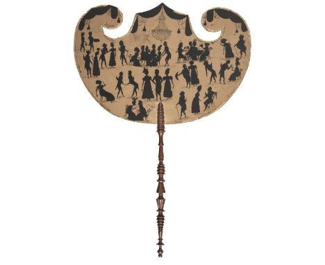 * Silhouette Fan. A hand-painted Regency silhouette fan, circa 1810-1820, brown cardboard handscreen fan with pedimented and 