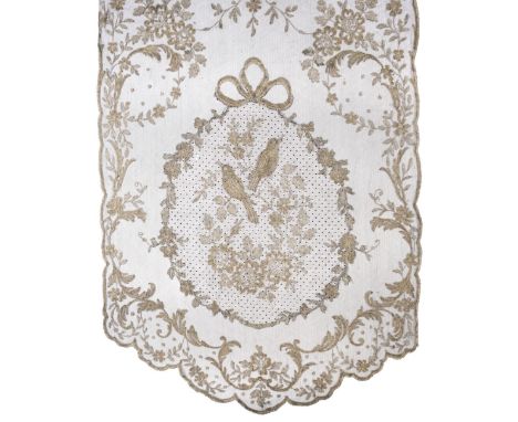 * Shawl. A metalwork net stole, 1930s, tambour work black net stole, hand-worked all over in silver and gold metallised threa