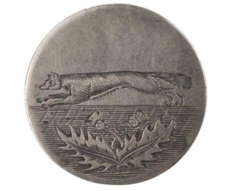 * Scottish Hunt Button. A George III silver hunt button, circa 1800, finely engraved with a fox jumping over thistles, unmark