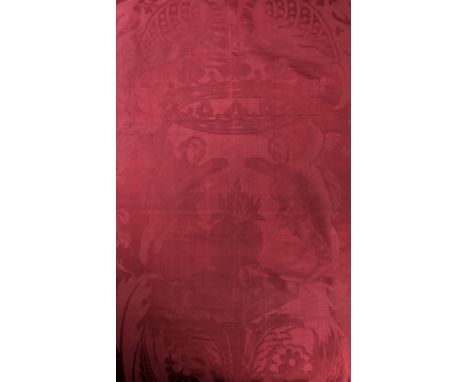 * Fabric. A long length of 18th century red silk damask, with large pattern of stylised flowers and leaves, incorporating a f