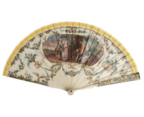 * Painted Fan. A late Victorian painted brisé fan, by E. Kees, hand-painted double-sided bone fan, the recto bearing a pastor