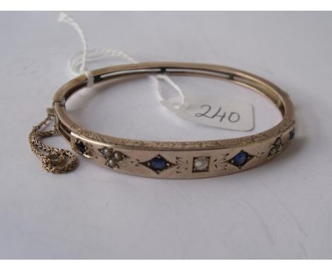 Gold mounted sapphire, diamond & pearl  bangle 10.7g inc       
