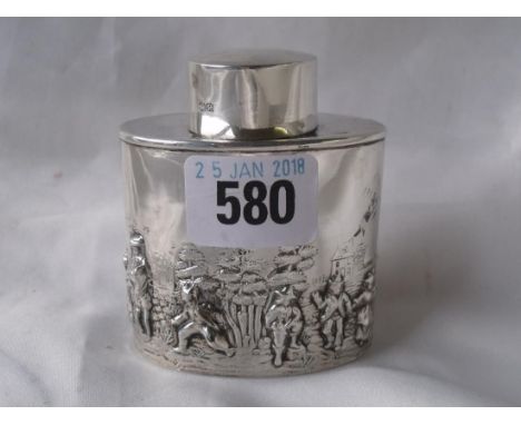 An oval tea caddy embossed with figures  3” high Chester 1907   70g      