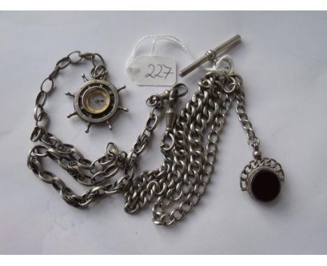 Silver Albert chain 16" long with spinning  fob also another chain with compass fob    
