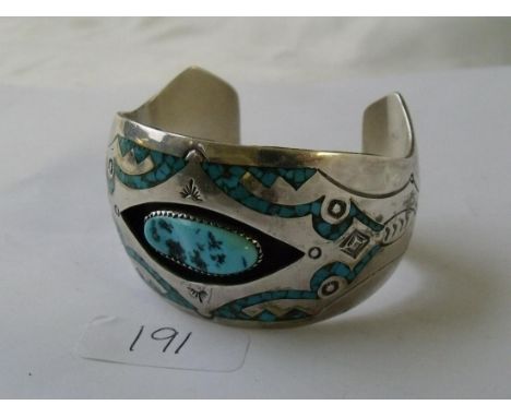 A heavy silver and Turquoise set bangle 52g   
