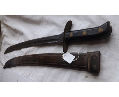 Antique sword machete with leather and metal   scabbard        