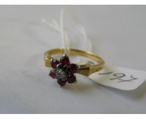 18ct gold ruby & diamond flower head cluster  ring approx size 'M'       