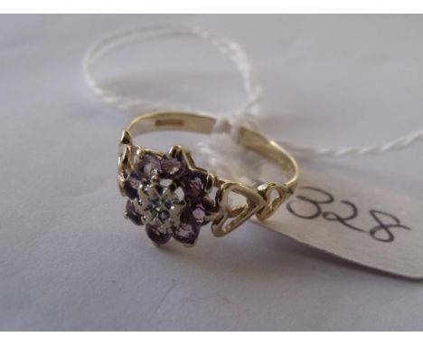 9ct amethyst & diamond cluster ring size 'M'    