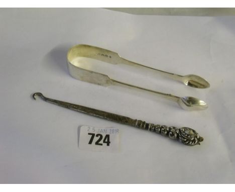 Pair fiddle pattern Georgian sugar tongs  Lon 1813 also a button hook      