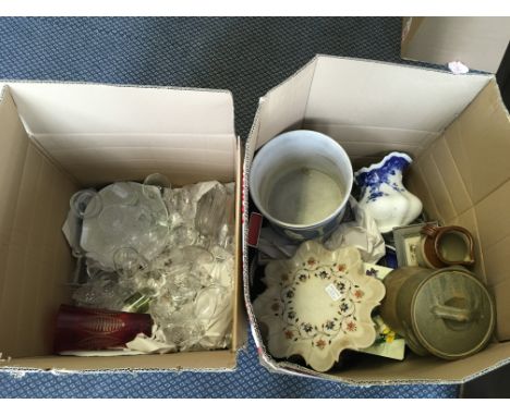 Two boxes of mixed items to include glassware, Jasperware, a mixed planter, etc.