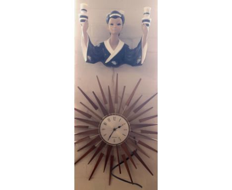 Chalk wall mounted light fitting in style of Geisha Girl, together with a Steff Thomas Sunburst wall-mounted clock.