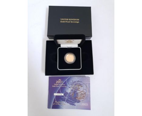 The 2003 United Kingdom Gold Proof Sovereign, featuring Pistrucci's St George slaying the dragon, and Ian Rank-Broadley's por