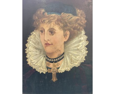 An oil on board portrait painting of a lady wearing a cross, signed top right corner. Approx. 33cm x 45cm