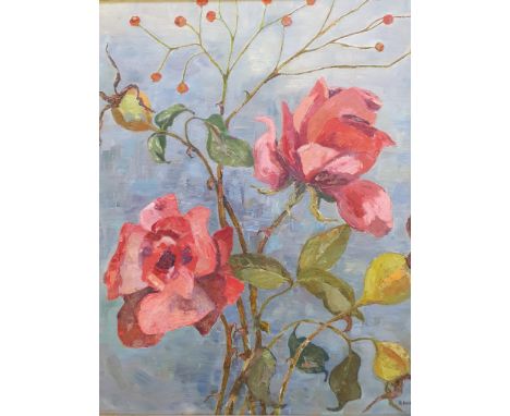 Two BETTY HECKFORD, oil on board together with acrylic on board, 'kitchen shelf' together with 'Autumn Roses', framed and sig