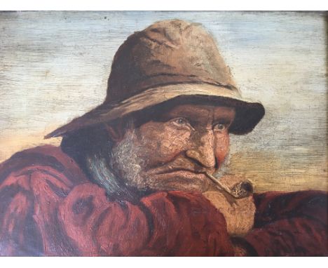 A portrait painting of an old man wearing a hat and smoking a pipe, signed and framed. Approx. 29cm x 24.5cm