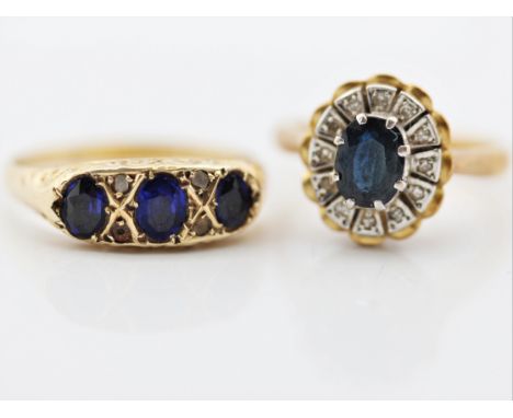 A sapphire and diamond cluster ring, stamped 18ct, ring size L, together with a hallmarked 18ct yellow gold blue glass and di