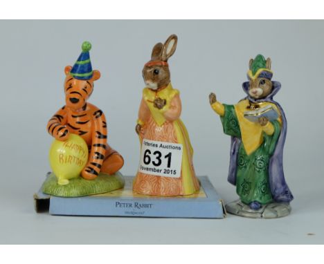 A collection of figures to include Royal Doulton Bunnykins figures Merlin DB197 and Juliet DB283, Wedgwood Peter Rabbit potte