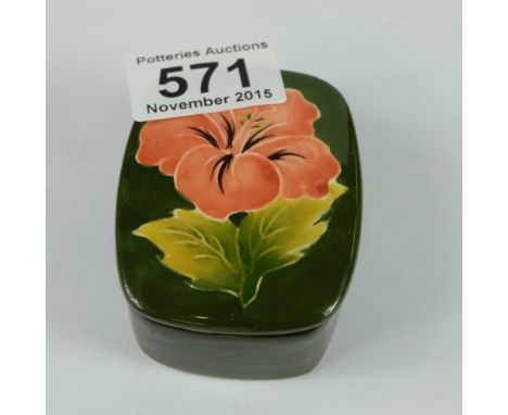 Small Moorcroft Trinket square box decorated with hibiscus on green ground 6cm x 5cm 