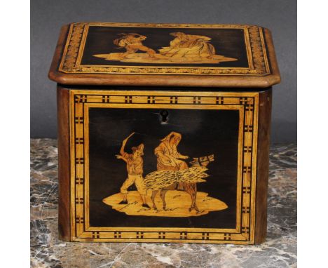 An Italian marquetry canted rectangular tea caddy, inlaid with scenes from traditional daily life, 13.5cm wide, Sorento, 19th