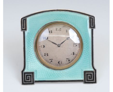 An Art Deco silver and guilloche enamel easel boudoir timepiece, 5cm silvered clock dial inscribed with Arabic numerals, eigh