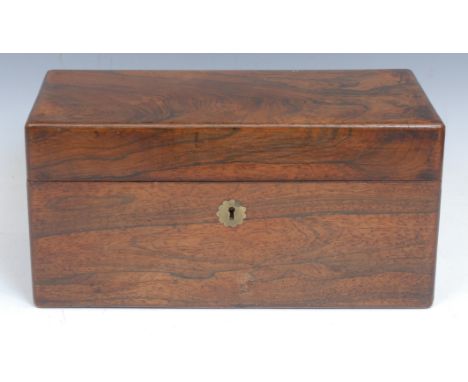 A George IV rosewood rectangular tea caddy, hinged cover enclosing a glass bowl flanked by a pair of canisters, inlaid brass 