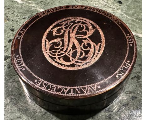 A 19th century French tortoiseshell and gold coloured metal pique circular snuff box, push-fitting cover inlaid with a monogr