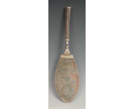 A Maltese silver fish slice, shaped pierced blade engraved in the Neo-Classical taste with a basket and flowers, 31cm long, c