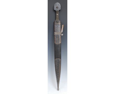A 19th century Caucasian/Ottoman Turkish silver and niello mounted kindjal dagger, of qama type, 42.5cm pointed double-edge b