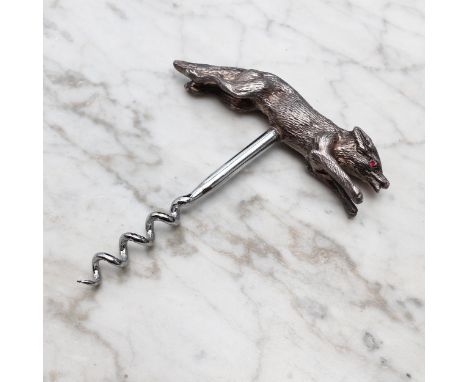 Helixophilia - an Elizabeth II silver novelty corkscrew, the handle cast as a fox, ruby eyes, 9.5cm wide, Sheffield 1957