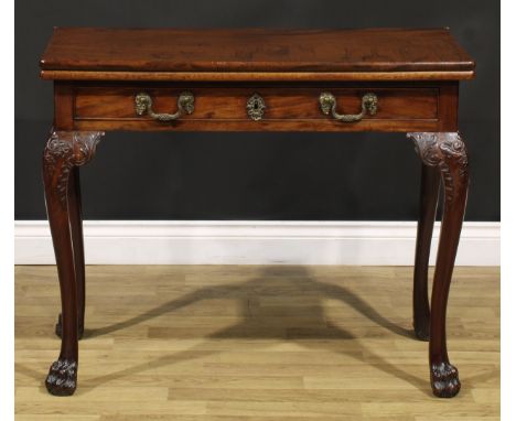 A George II mahogany card table, possibly Irish, hinged rectangular top enclosing a baize lined playing surface above a long 