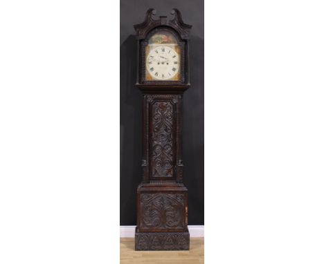 A George III oak longcase clock, 33cm arched painted dial inscribed Wainwright, Nottingham, Roman and subsidiary Arabic numer