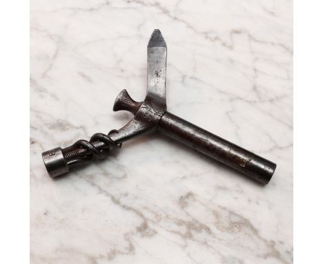 A 19th century steel multi-combination gun tool, with nipple key, screwdriver, worm and incorporated oil bottle, marked 18B, 