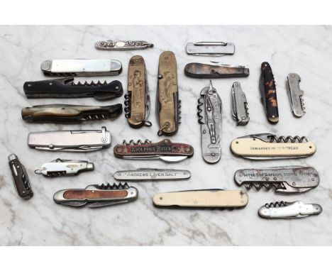 Machirology - various pocket and pen knives, a Victorian silver example, with corkscrew, 7cm over loop, London 1899; a novelt