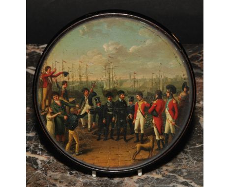 The Napoleonic Wars and the War of the Fifth Coalition - an early 19th century papier mache cicular snuff box, attrubuted to 