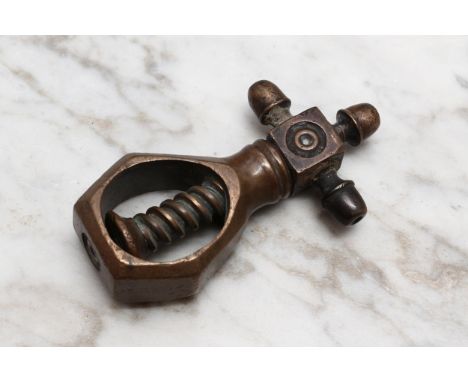 Nutcrackers - an 18th century brass screw-action pocket nut cracker, faceted pear shaped receptacle, cross-form thumbpiece ce
